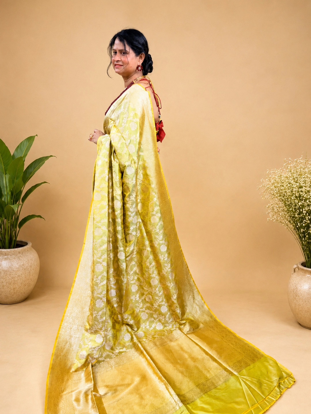  Light Green Mehendi Pure Katan Silk Banarasi Saree Front view