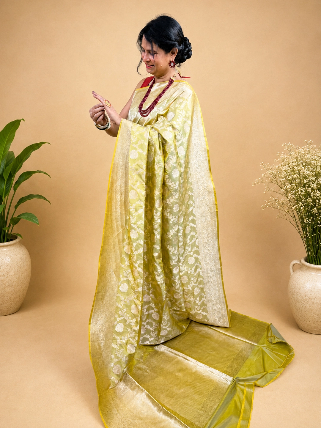  Light Green Mehendi Pure Katan Silk Banarasi Saree Front view