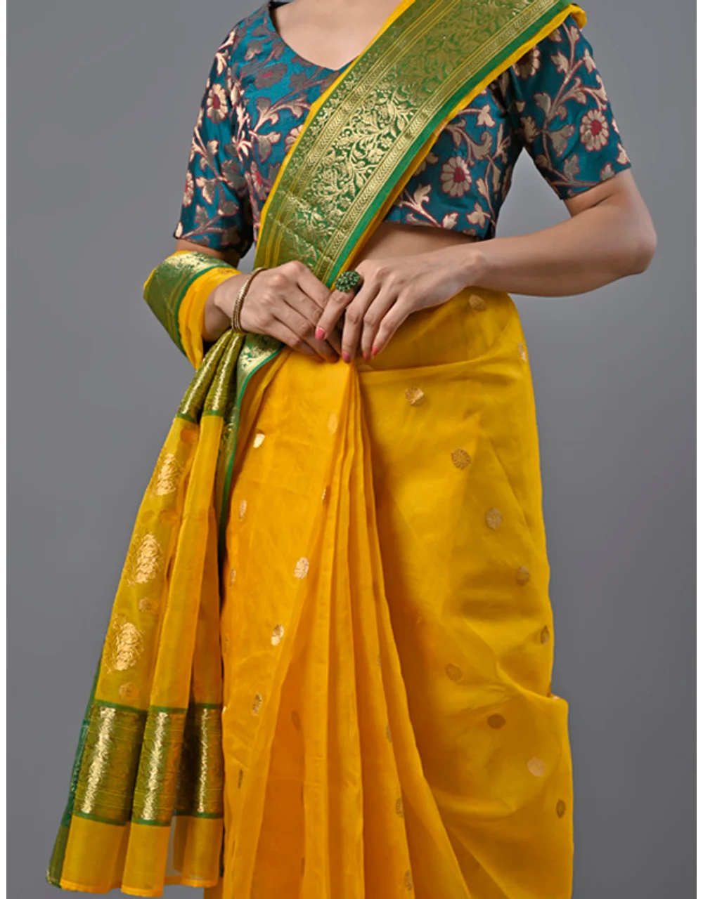 Yellow Bright Chanderi Silk Saree With Green Zari Border And Golden Buti Weaving - View 3