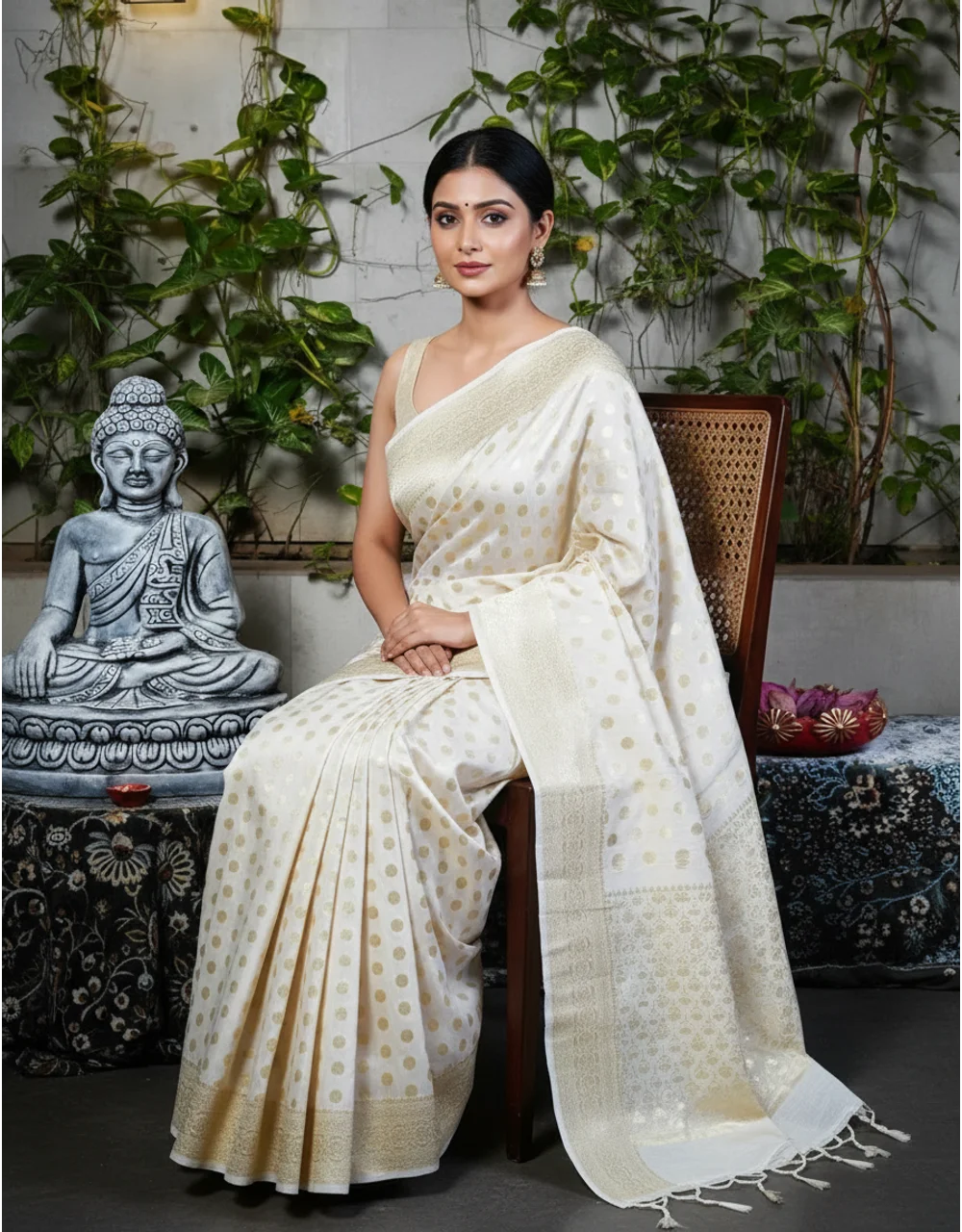 Cream Handwoven Munga Sitara Dots Silk Saree
