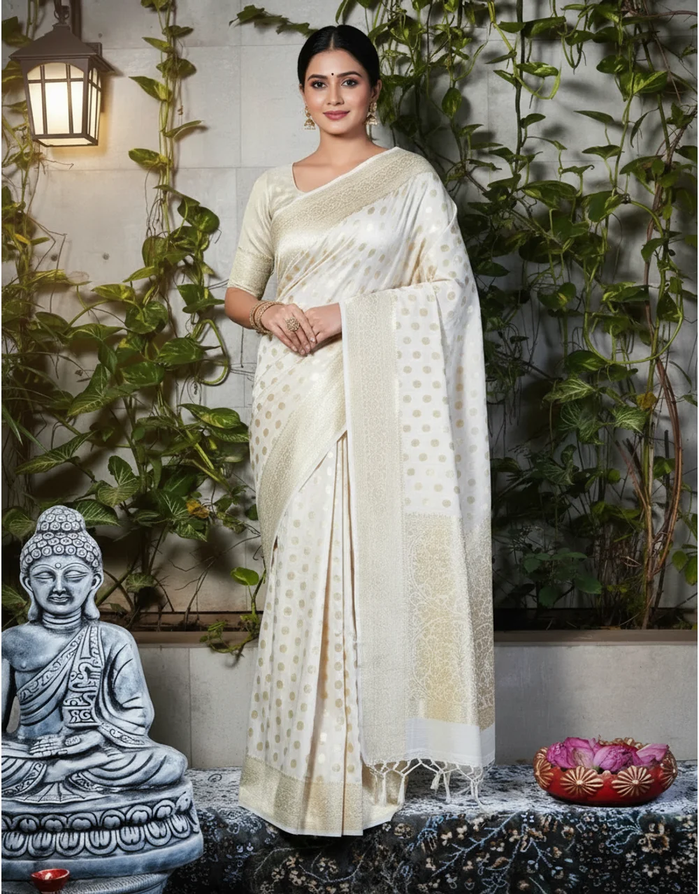 Cream Handwoven Munga Sitara Dots Silk Saree
