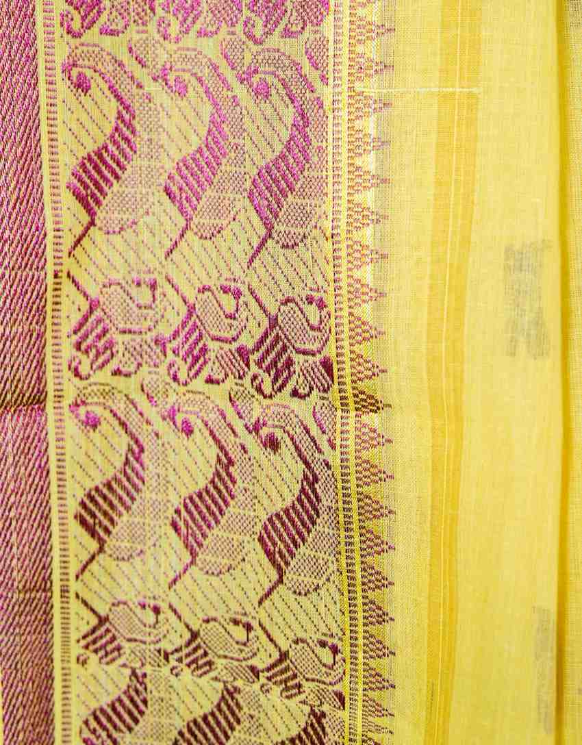 Yellow Sunbeam Yellow Handwoven Cotton Jamdani Saree With Magenta Thread Buti And Woven Peacock Border - View 4
