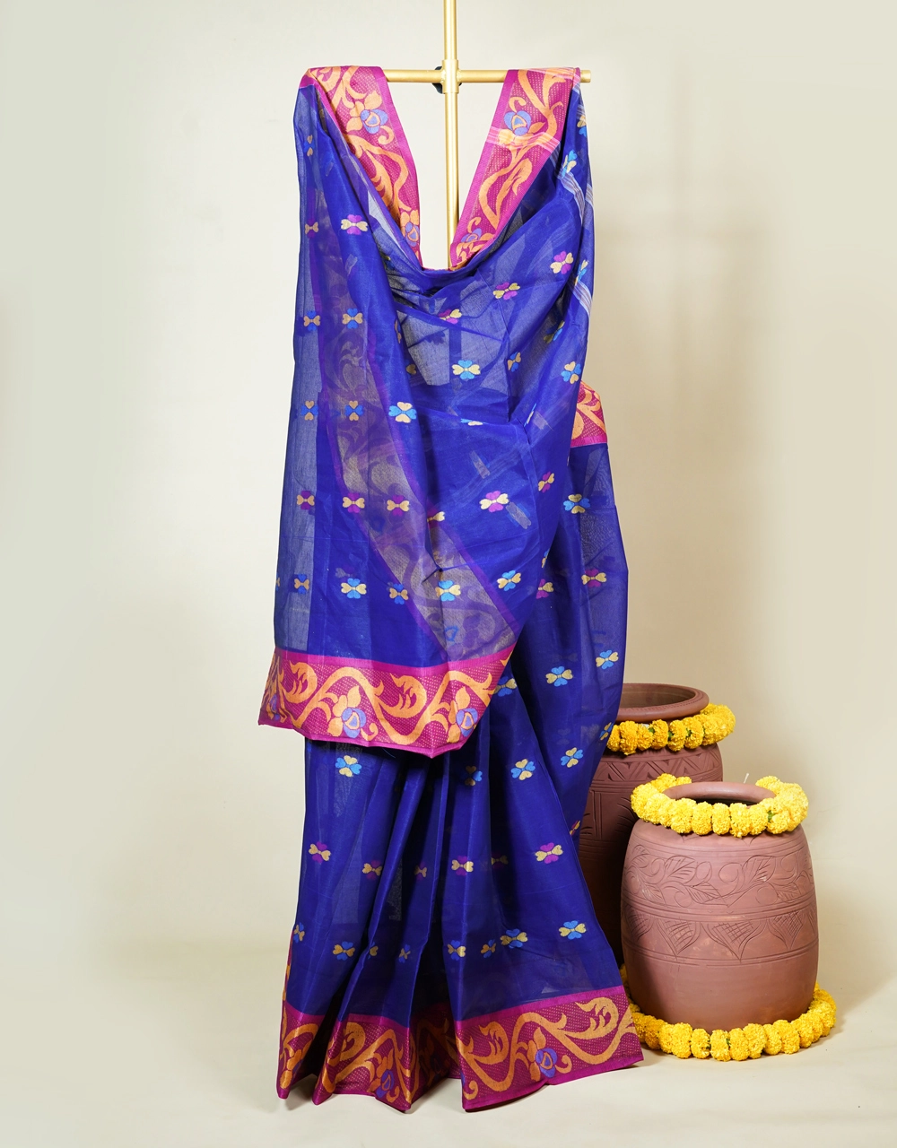 blue-handwoven-cotton-jamdani-saree-with-multicolor-floral-buti-and-magenta-gold-border