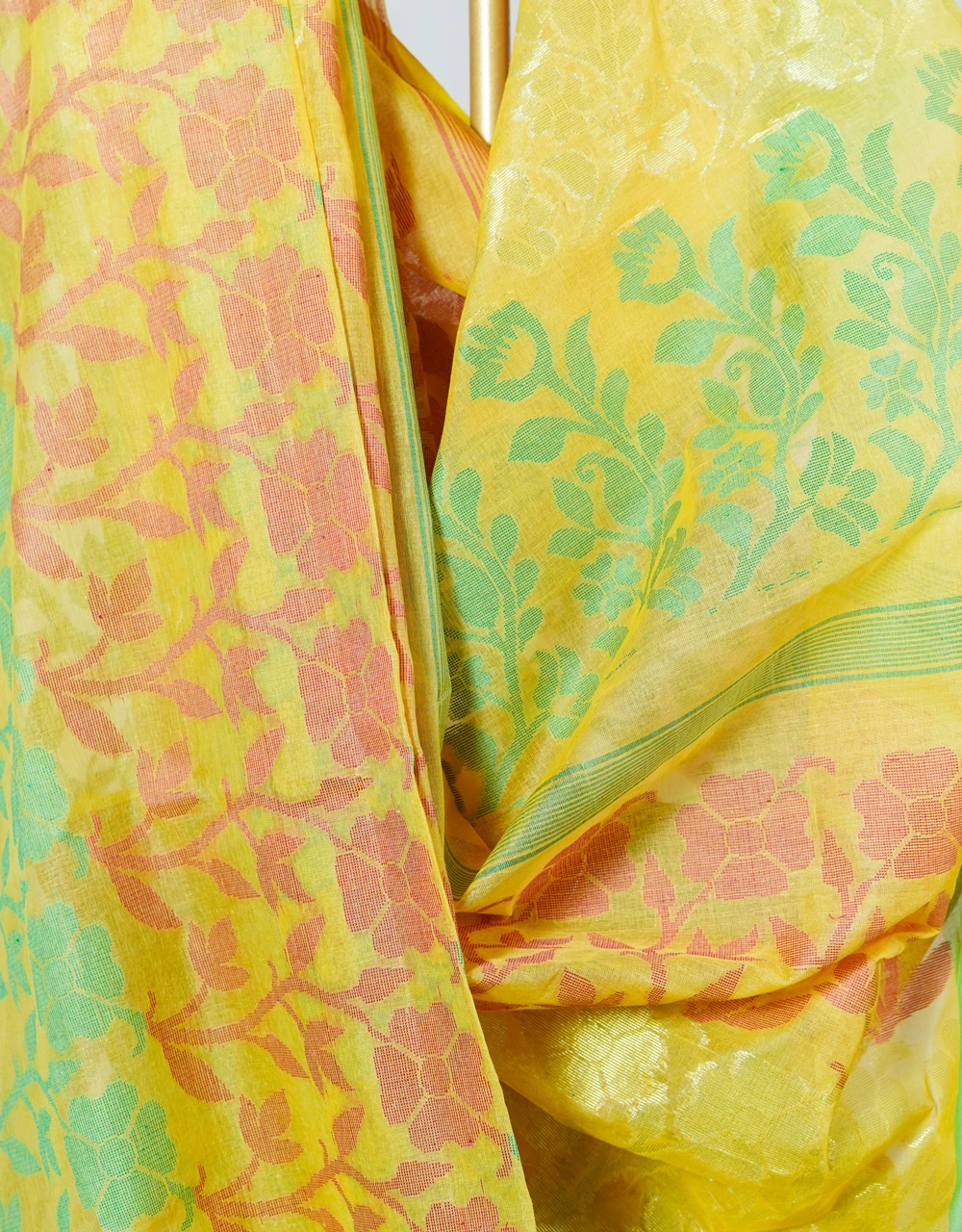 Yellow Lemon And  Mint Green Handwoven Cotton Jamdani Saree With Floral Weave And Dual Tone Border - View 4