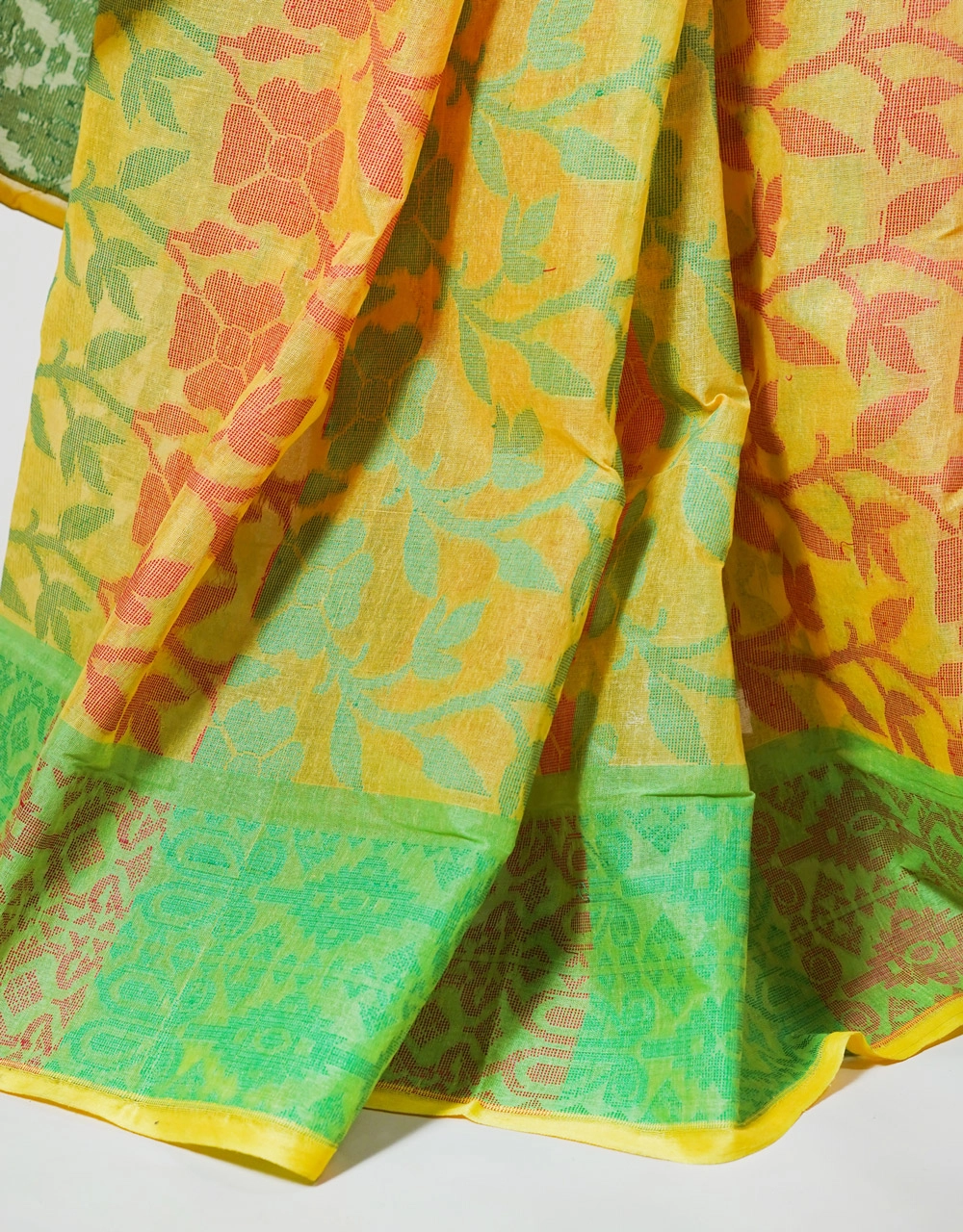 Yellow Lemon And  Mint Green Handwoven Cotton Jamdani Saree With Floral Weave And Dual Tone Border - View 5