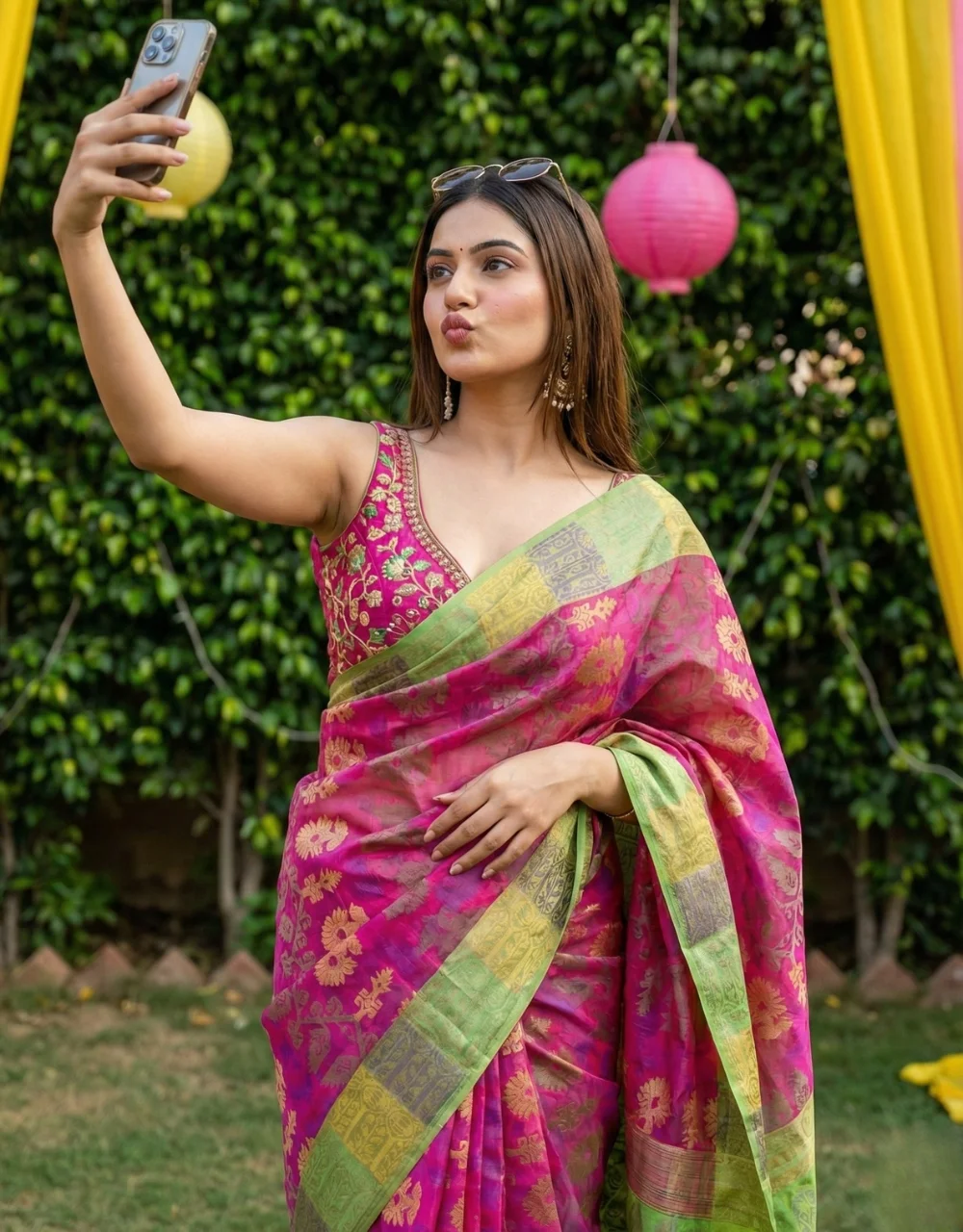 magenta-pink-and-green-handwoven-cotton-jamdani-saree-with-gold-floral-weave-and-dual-tone-border