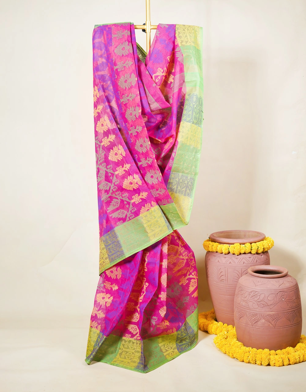 Magenta Pink And Green Handwoven Cotton Jamdani Saree With Gold Floral Weave And Dual Tone Border