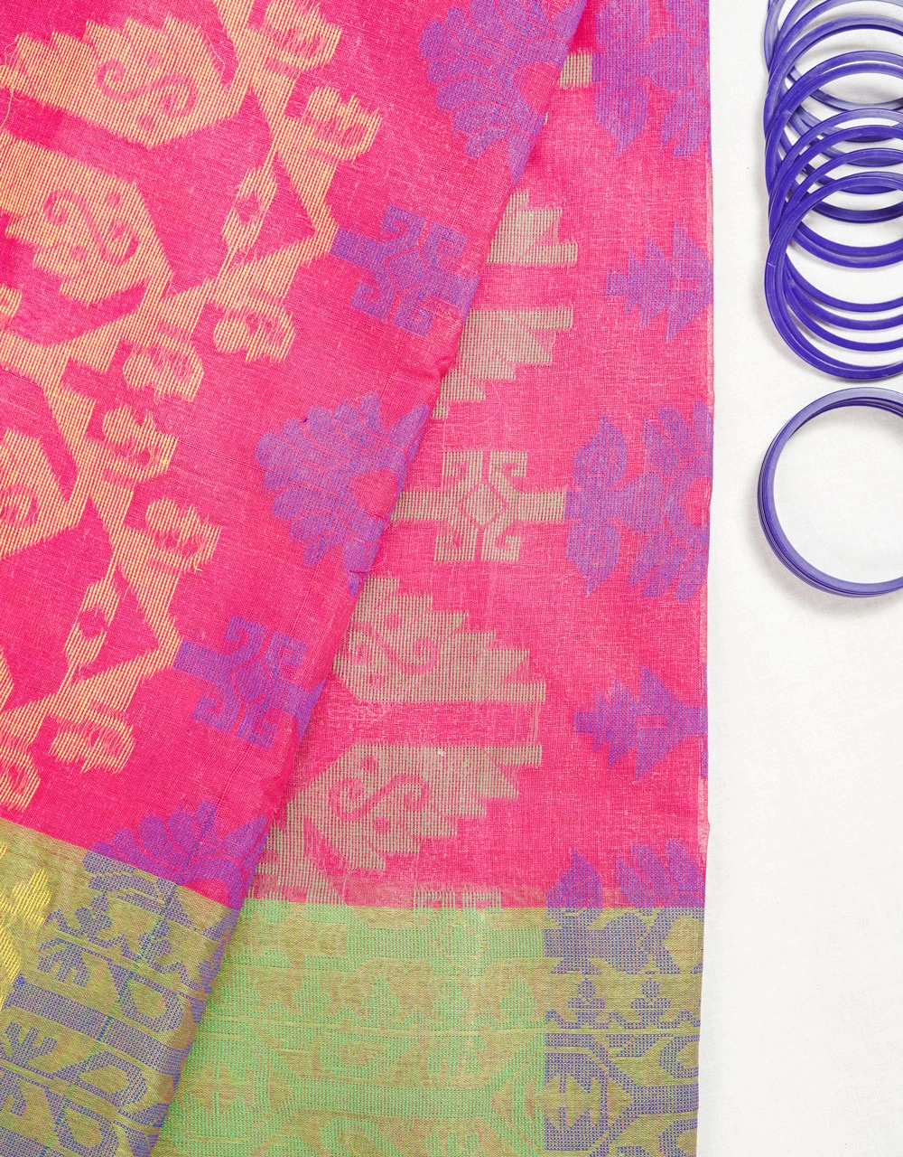 Magenta Pink And Green Handwoven Cotton Jamdani Saree With Gold Floral Weave And Dual Tone Border - View 3