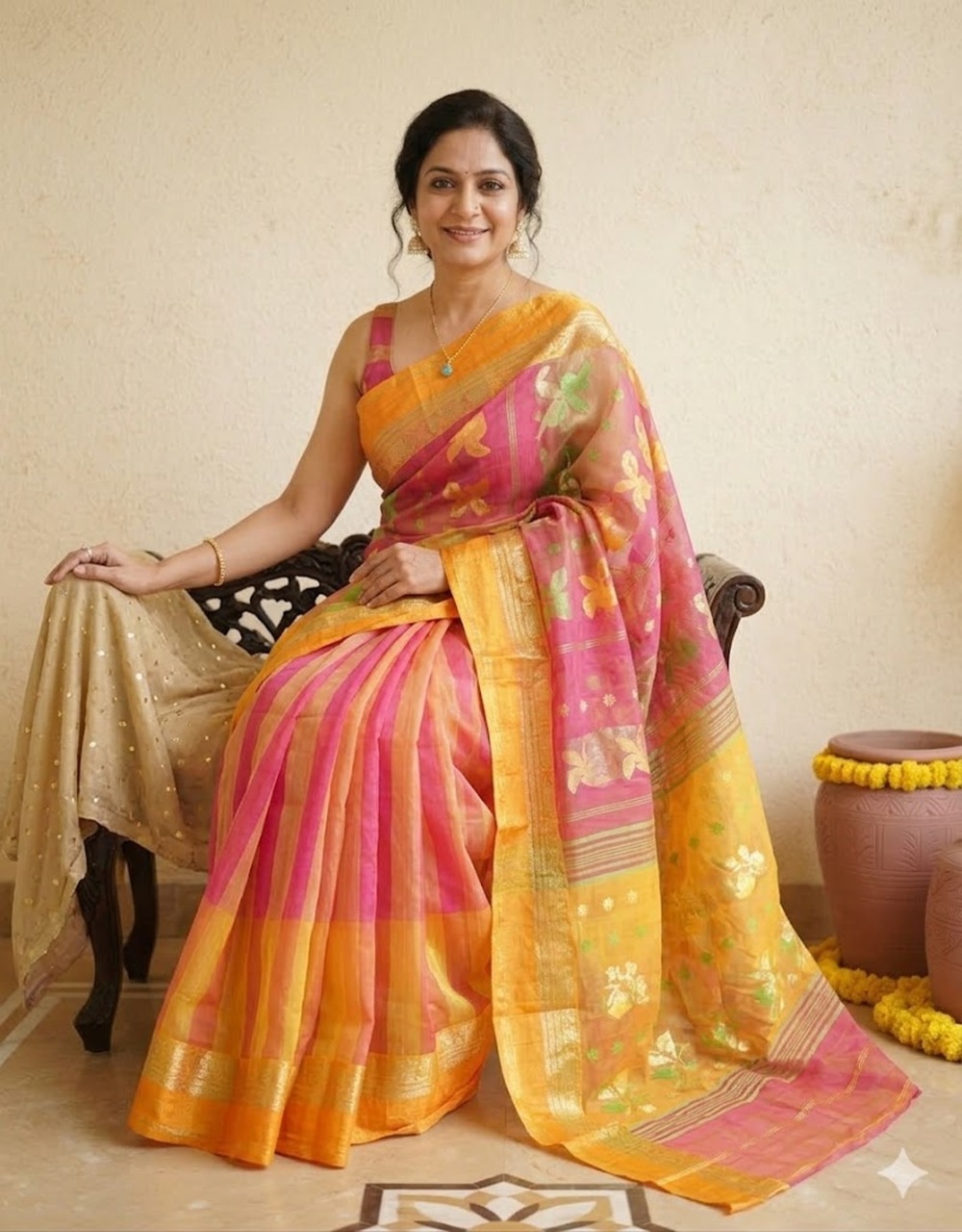 Hovered view of Golden Sunset And Rani Pink Cotton Jamdani Saree With Zari Border