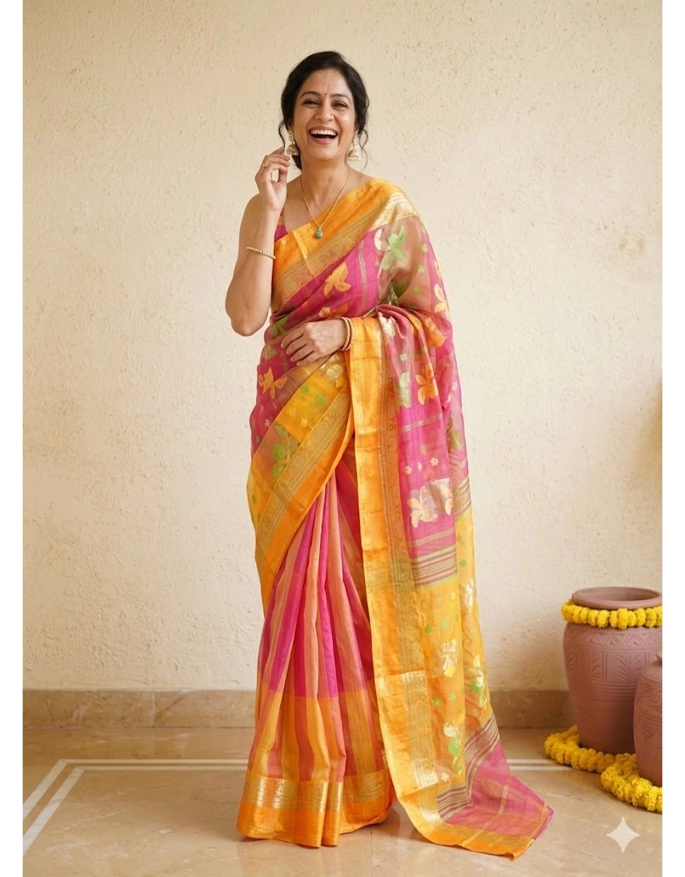 Golden Sunset And Rani Pink Cotton Jamdani Saree With Zari Border