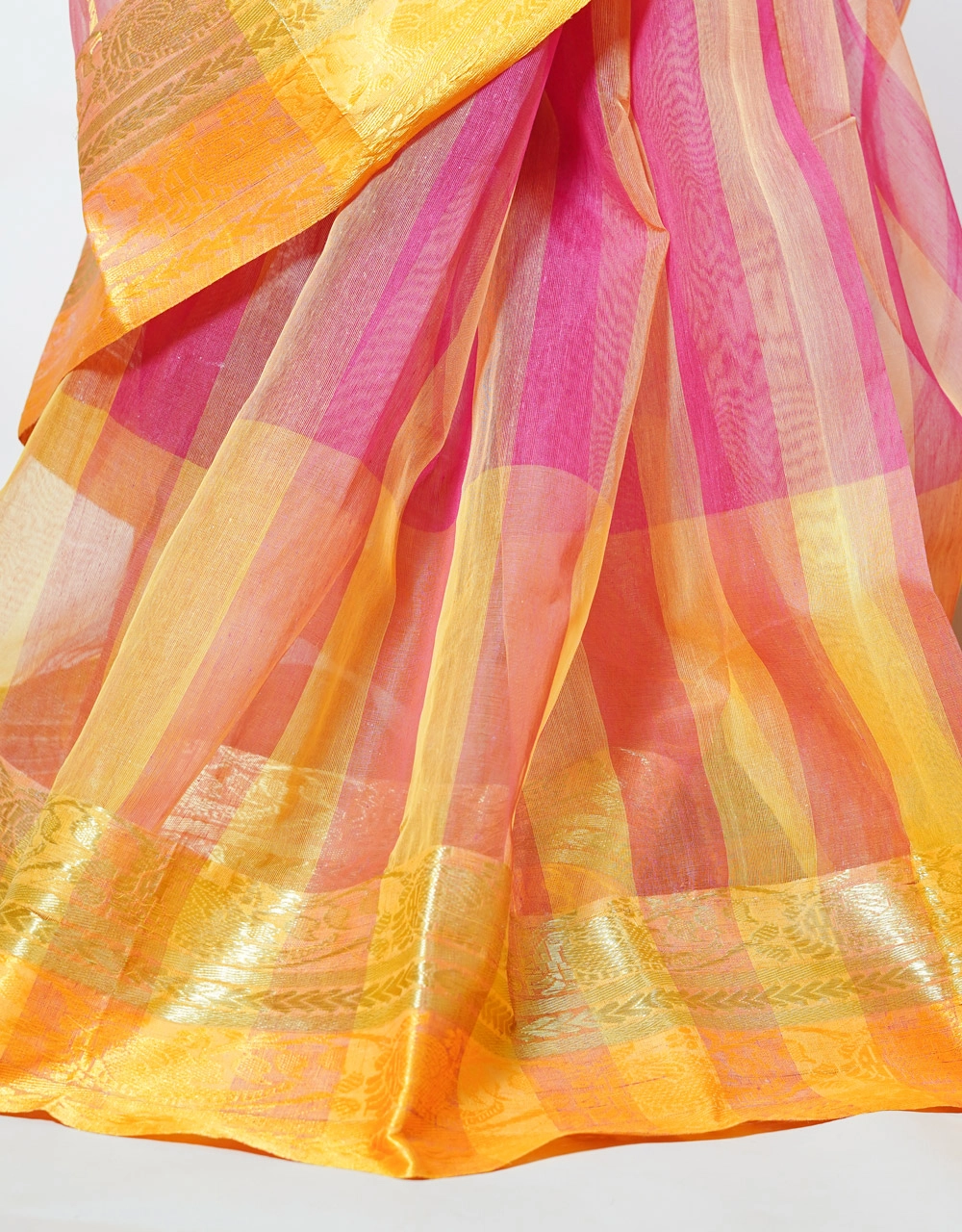 Golden Sunset And Rani Pink Cotton Jamdani Saree With Zari Border - View 5