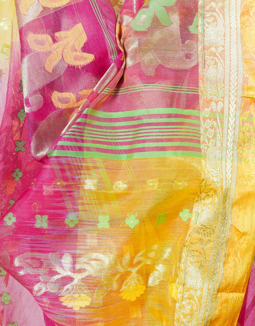 Golden Sunset And Rani Pink Cotton Jamdani Saree With Zari Border - View 4
