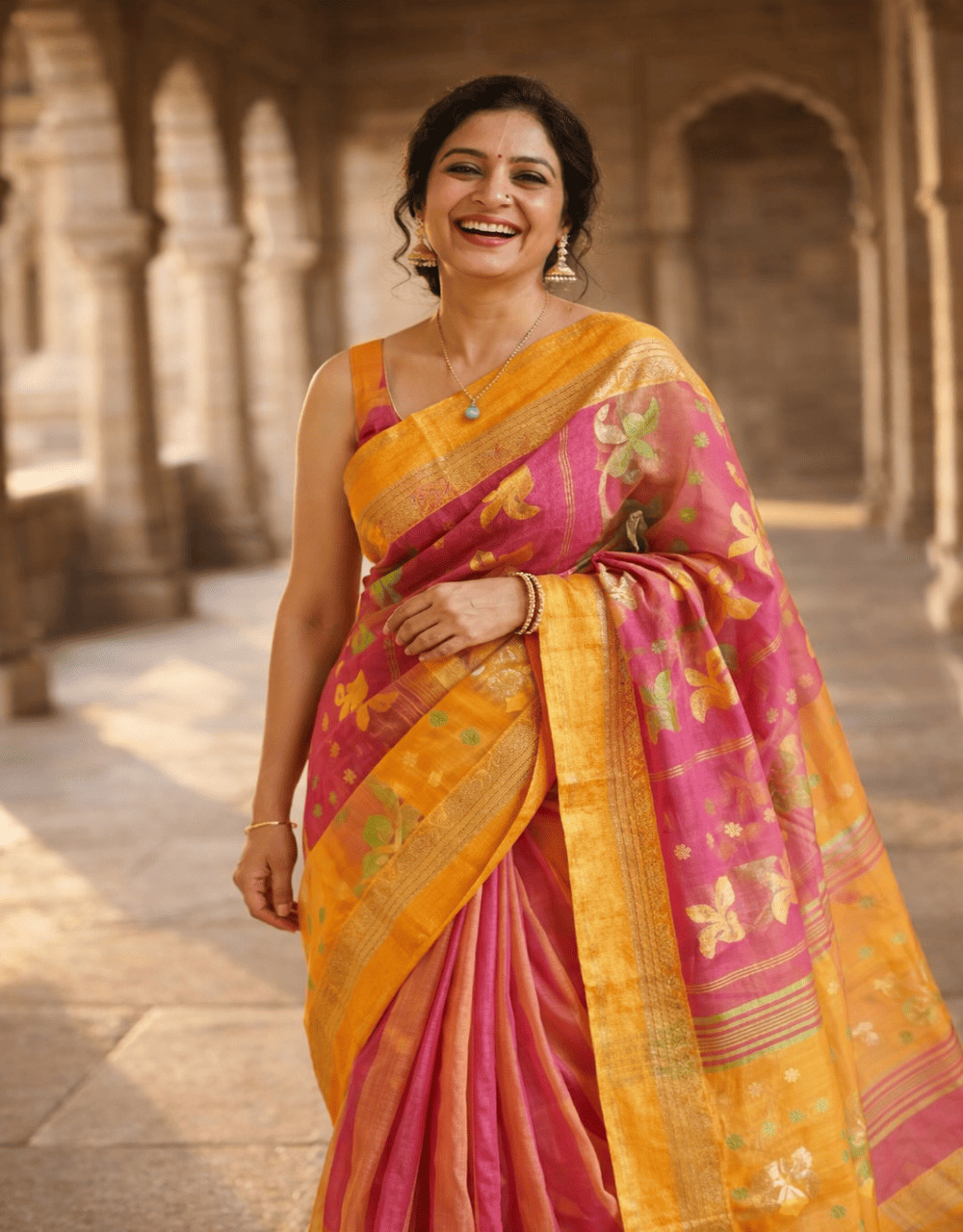 Golden Sunset And Rani Pink Cotton Jamdani Saree With Zari Border
