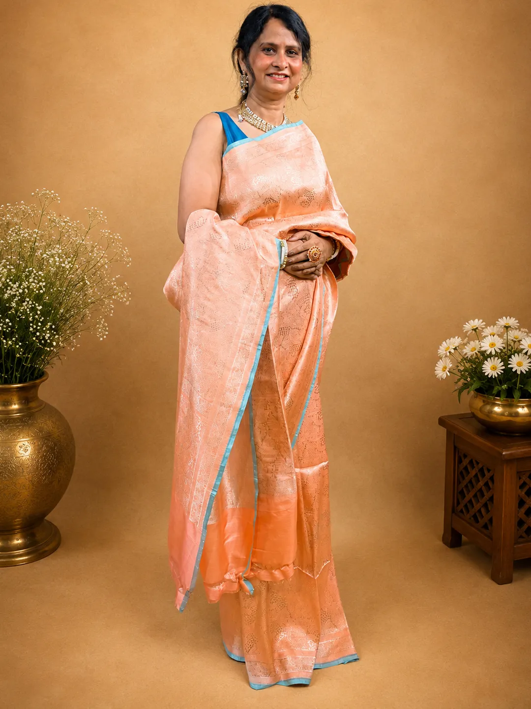 Coral Gulnaar Kimkhwab Pure Katan Silk Banarasi Saree front view