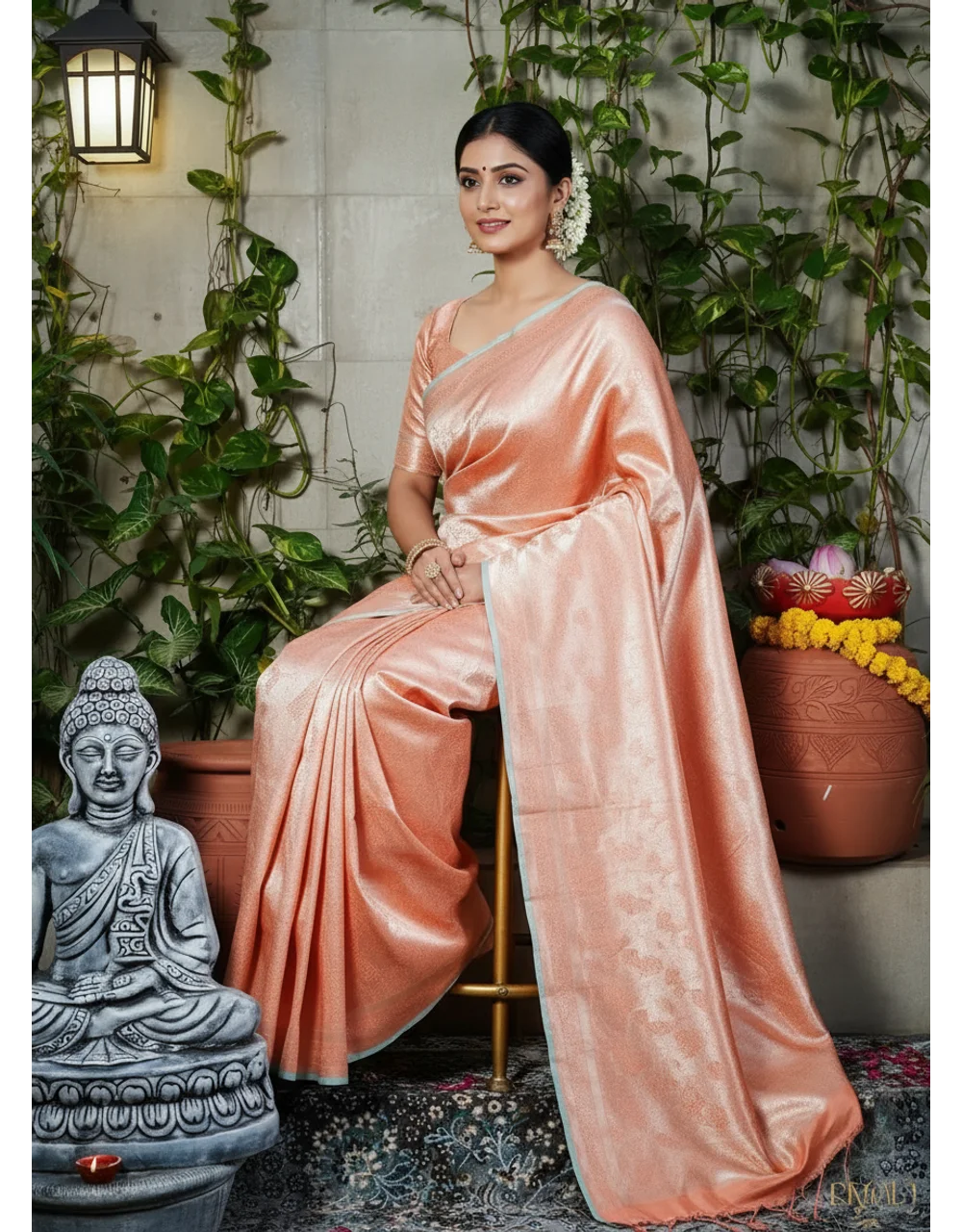 Hovered view of Coral Gulnaar Kimkhwab Pure Katan Silk Banarasi Saree