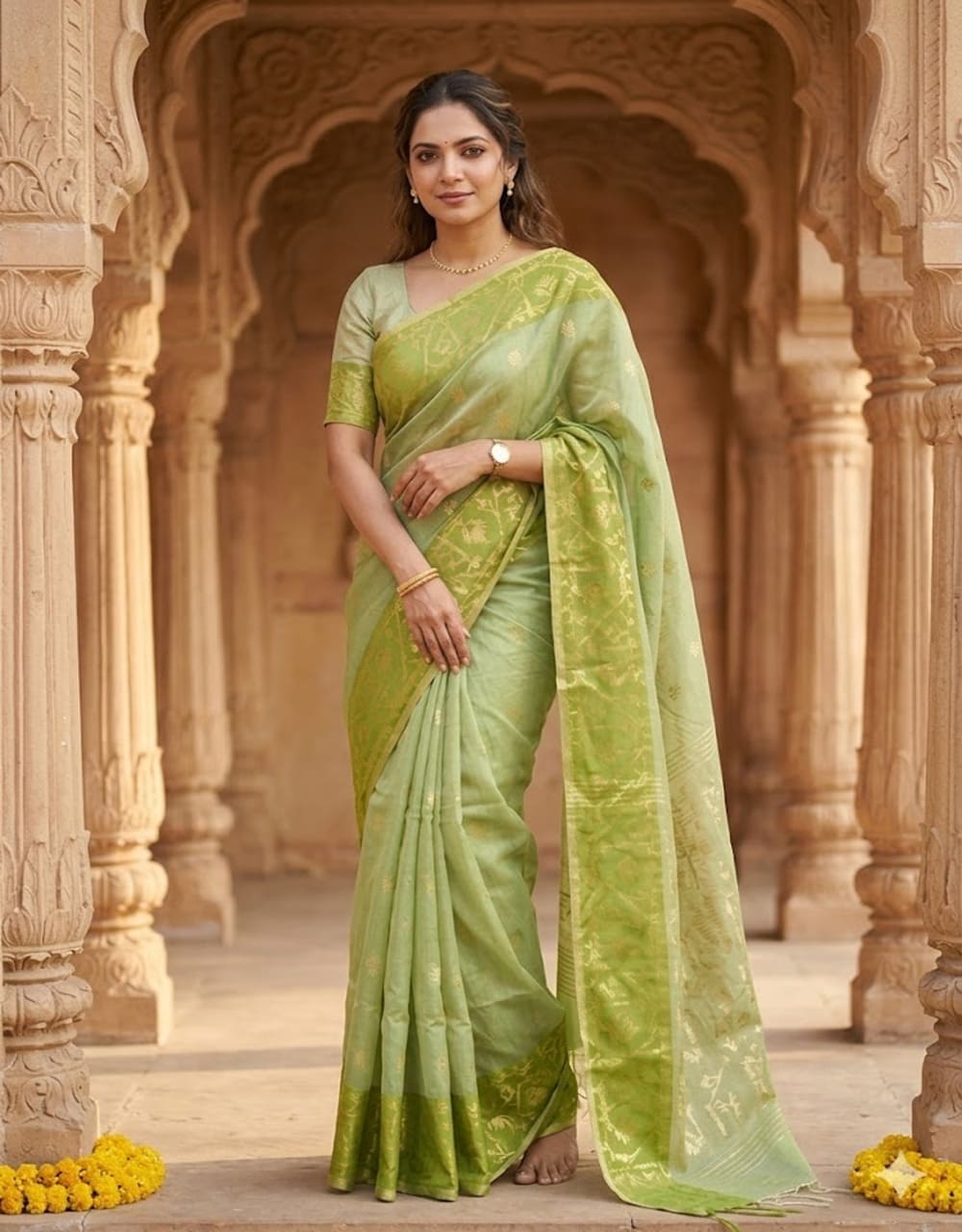 Green Cotton Jamdani Saree With Golden Zari Floral Weave