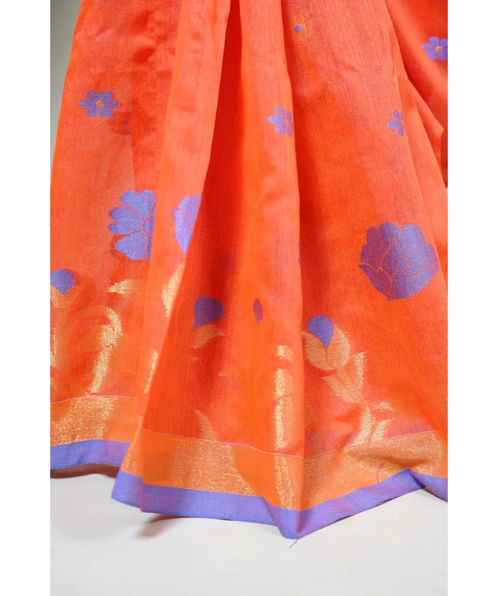 Orange And  Royal Blue Silk Handloom Jamdani Saree With Zari Floral Weave And Dual Tone Border - View 6