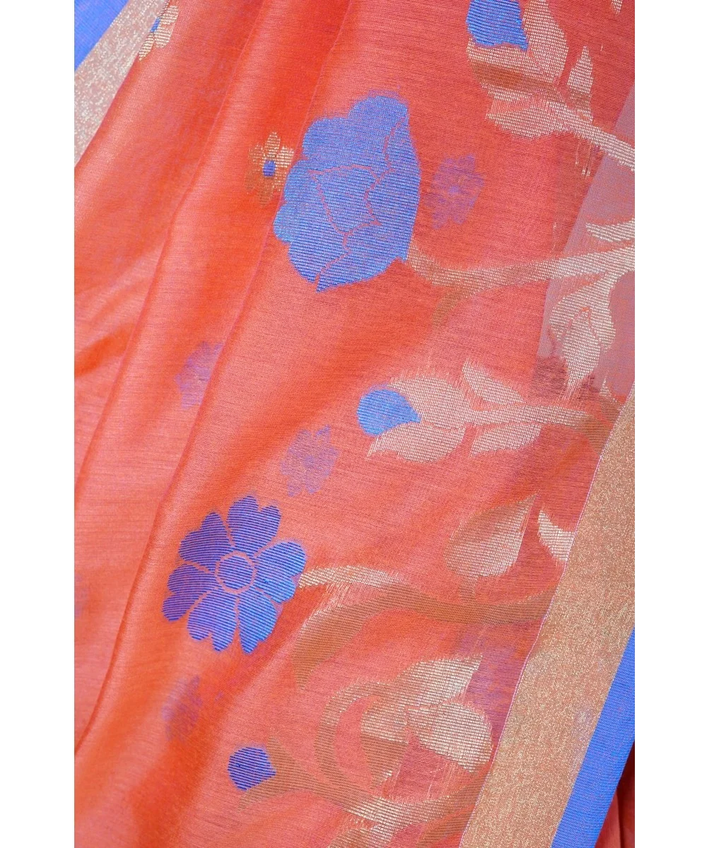 Orange And  Royal Blue Silk Handloom Jamdani Saree With Zari Floral Weave And Dual Tone Border - View 4