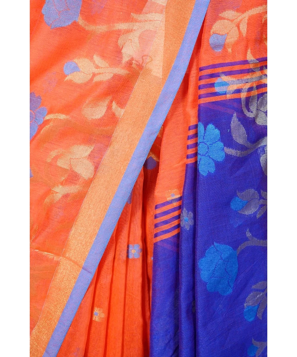Orange And  Royal Blue Silk Handloom Jamdani Saree With Zari Floral Weave And Dual Tone Border - View 3