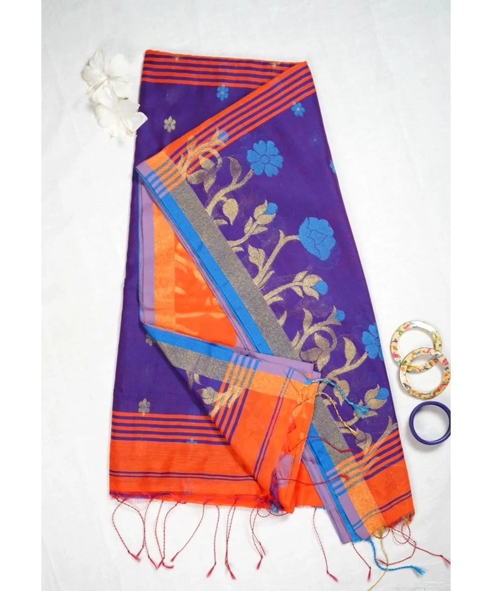 Hovered view of Orange And  Royal Blue Silk Handloom Jamdani Saree With Zari Floral Weave And Dual Tone Border