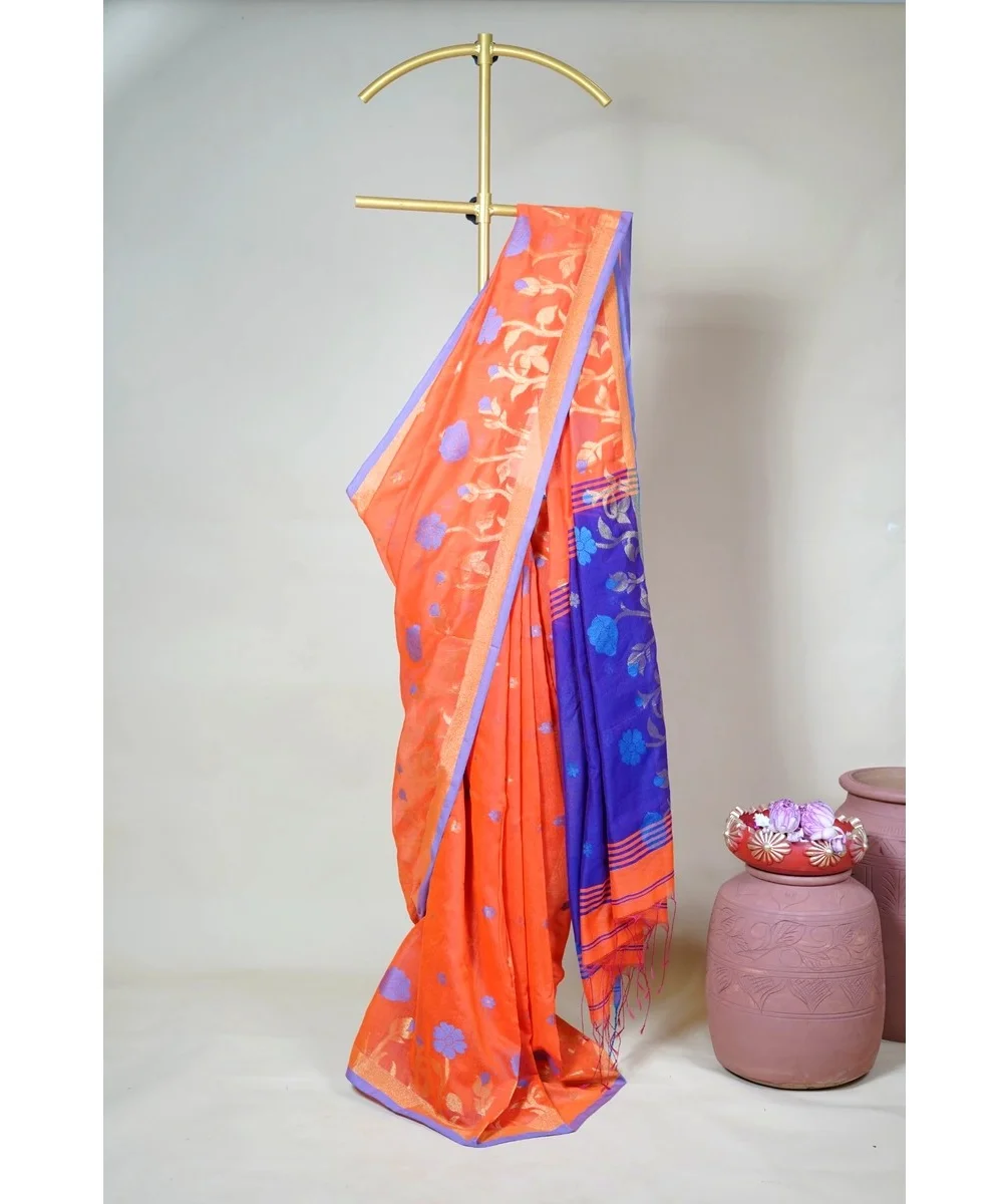 Orange And  Royal Blue Silk Handloom Jamdani Saree With Zari Floral Weave And Dual Tone Border