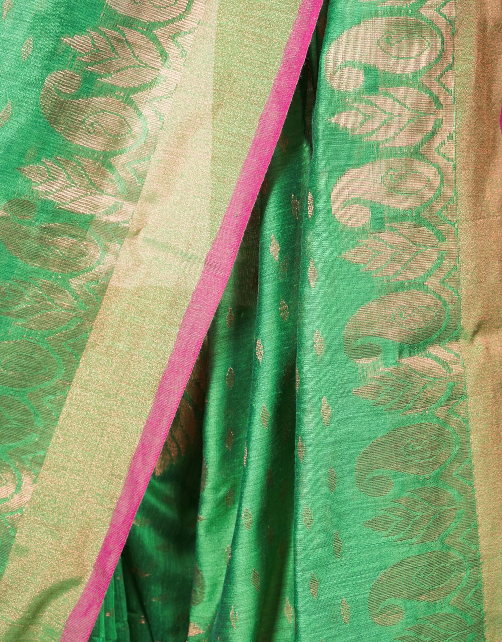 Green And Rose Pink Silk Handloom Jamdani Saree With Gold Zari Paisley Weave - View 4