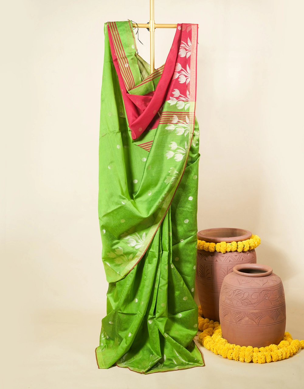 Green And Crimson Red Silk Handloom Jamdani Saree With Silver Zari Floral Weave