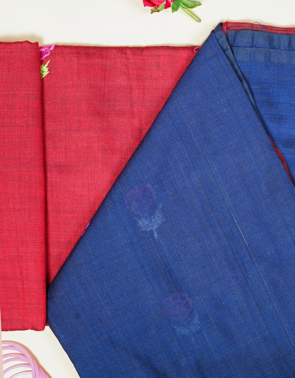 Maroon Maroon Silk Handloom Jamdani Saree With Navy Blue Pallu - View 3