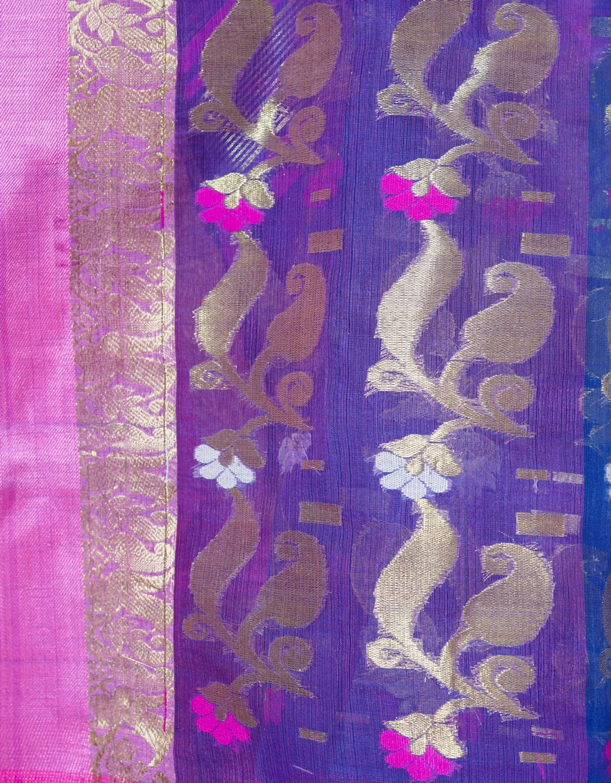 Blue Royal Blue And Magenta Pink Silk Handloom Jamdani Saree - View 4