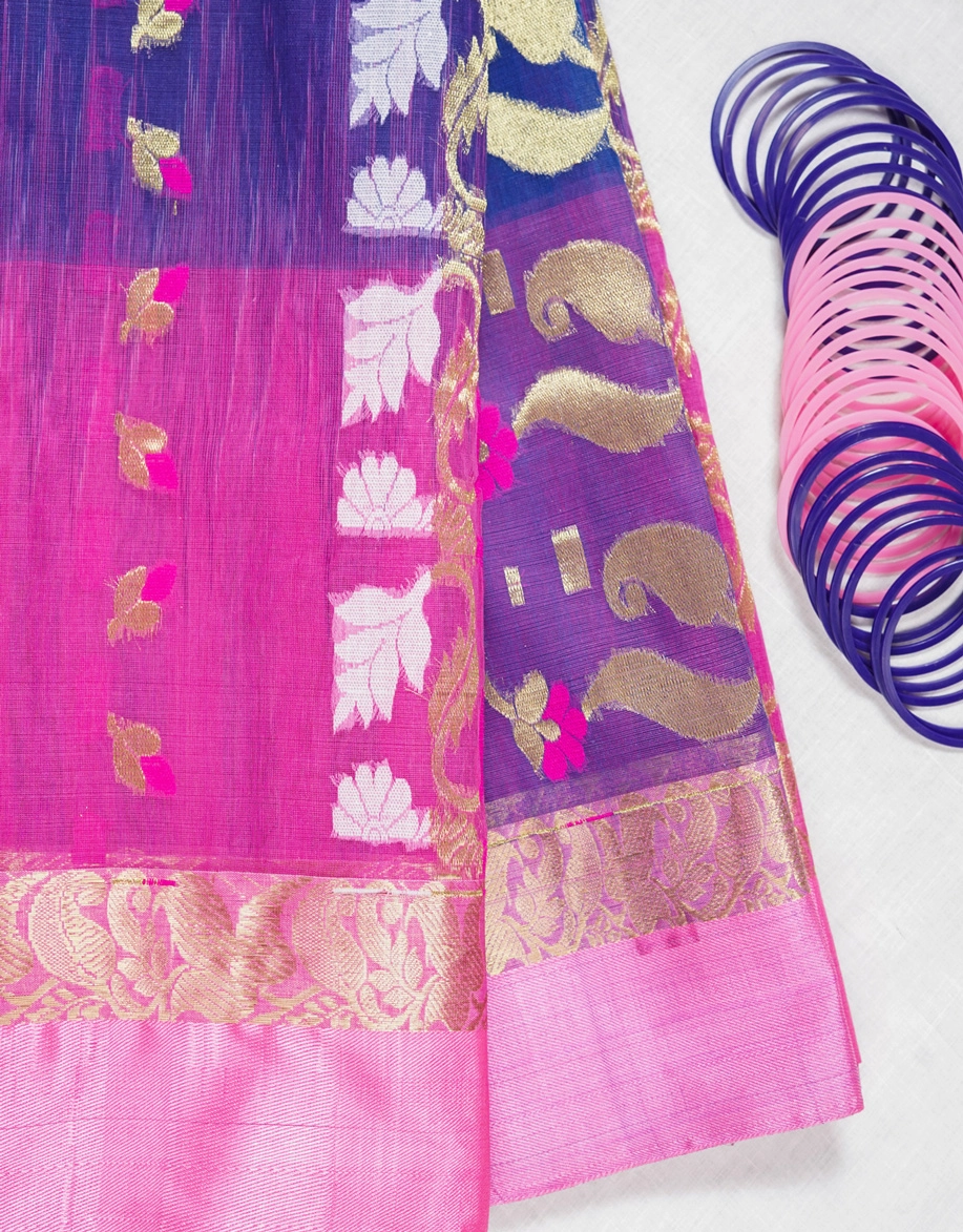 Blue Royal Blue And Magenta Pink Silk Handloom Jamdani Saree - View 3