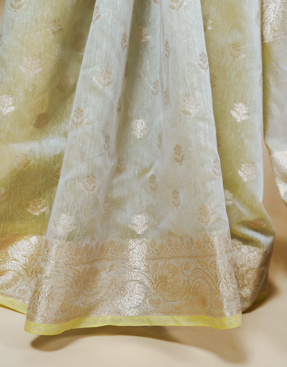Green Pastel Sage Linen Banarasi Saree With Gold Zari Booti - View 5