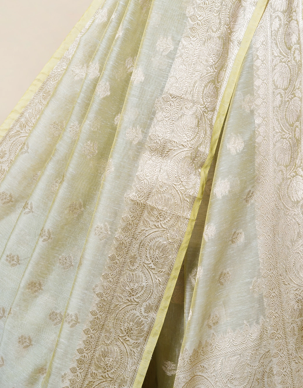 Green Pastel Sage Linen Banarasi Saree With Gold Zari Booti - View 4