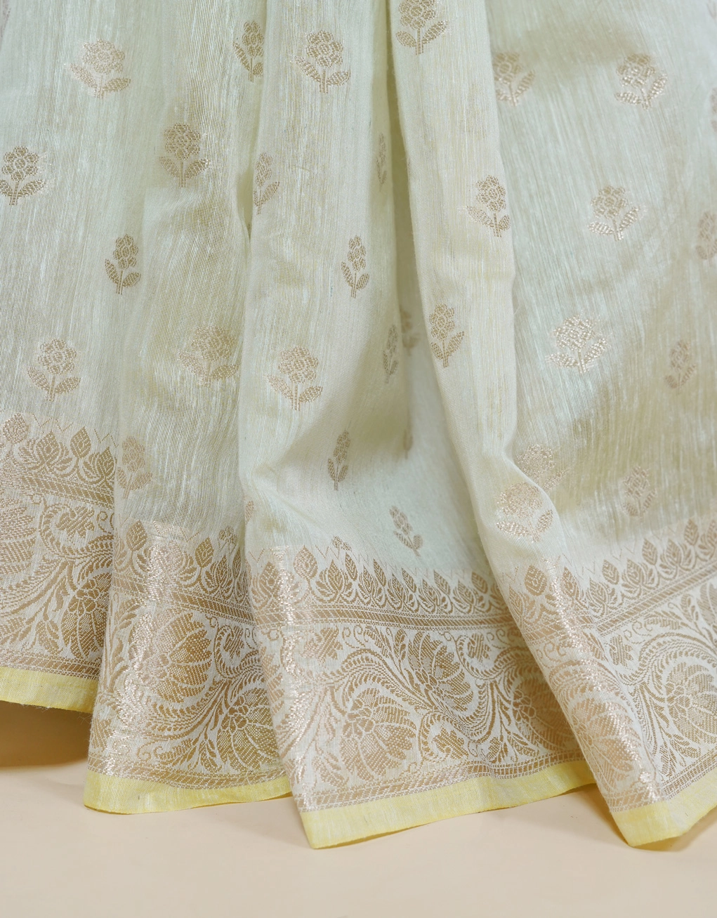 Green Mint Linen Banarasi Saree With Silver Gold Zari Booti - View 5