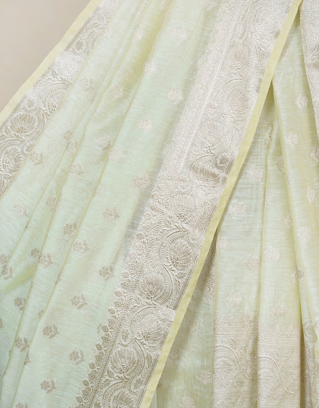 Green Mint Linen Banarasi Saree With Silver Gold Zari Booti - View 4