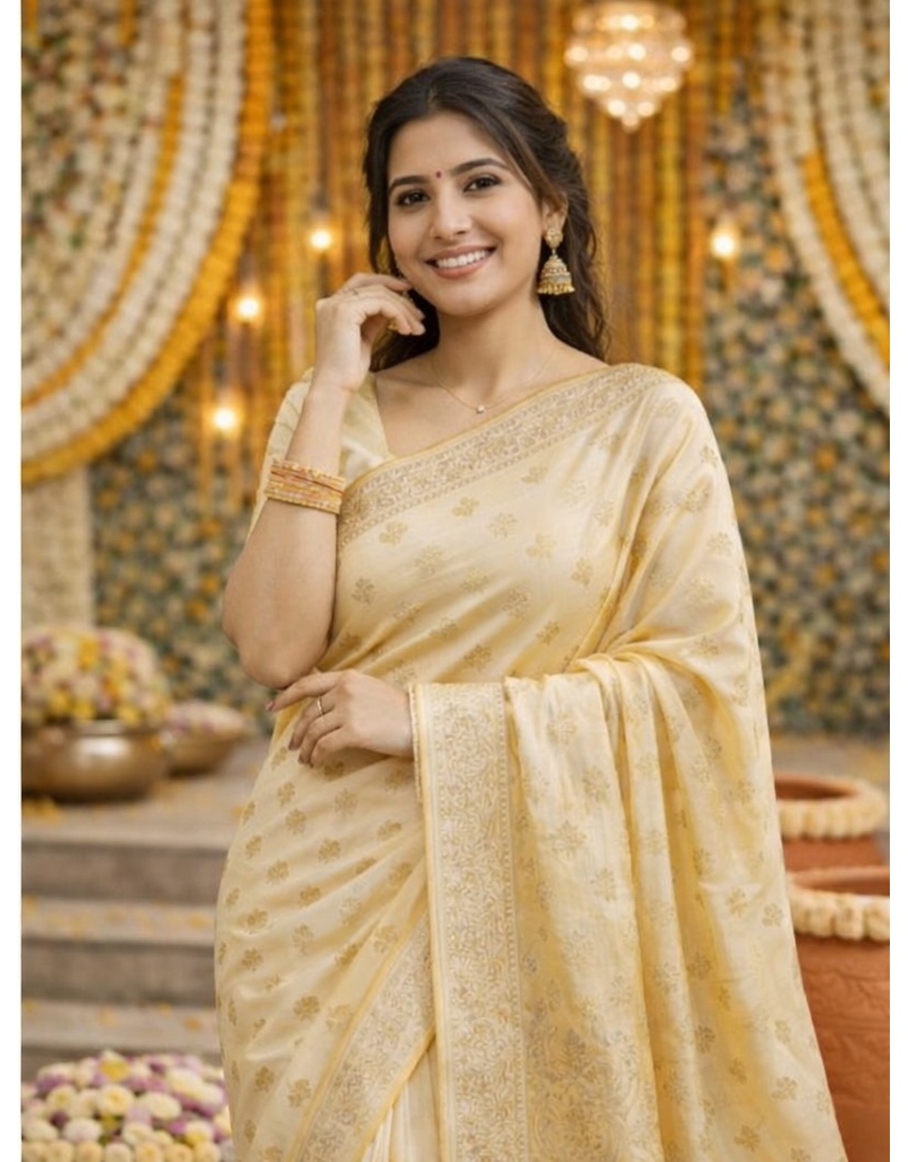 Yellow Pastel Linen Banarasi Saree With Gold Zari Booti And Intricate Floral Border