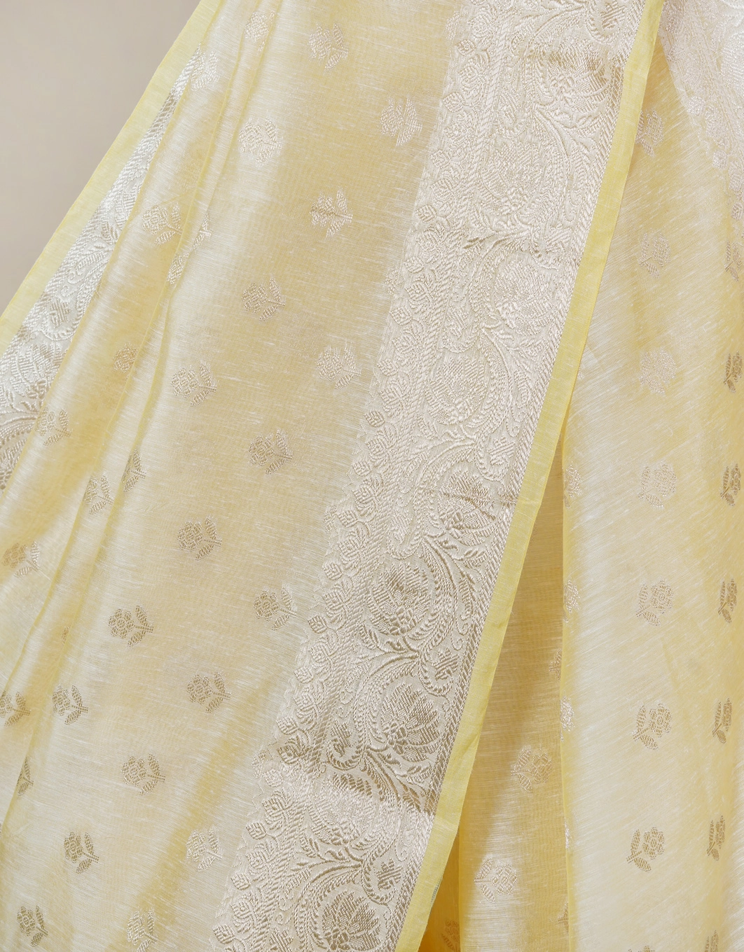 Yellow Pastel Linen Banarasi Saree With Gold Zari Booti And Intricate Floral Border - View 4