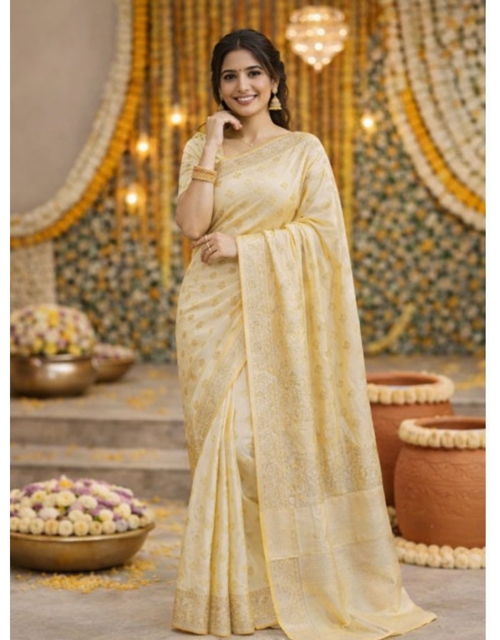 Hovered view of Yellow Pastel Linen Banarasi Saree With Gold Zari Booti And Intricate Floral Border