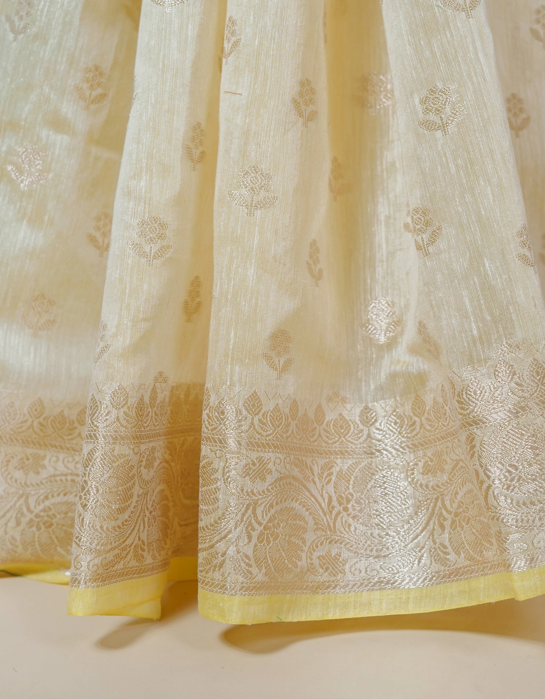 Yellow Pastel Linen Banarasi Saree With Gold Zari Booti And Intricate Floral Border - View 6