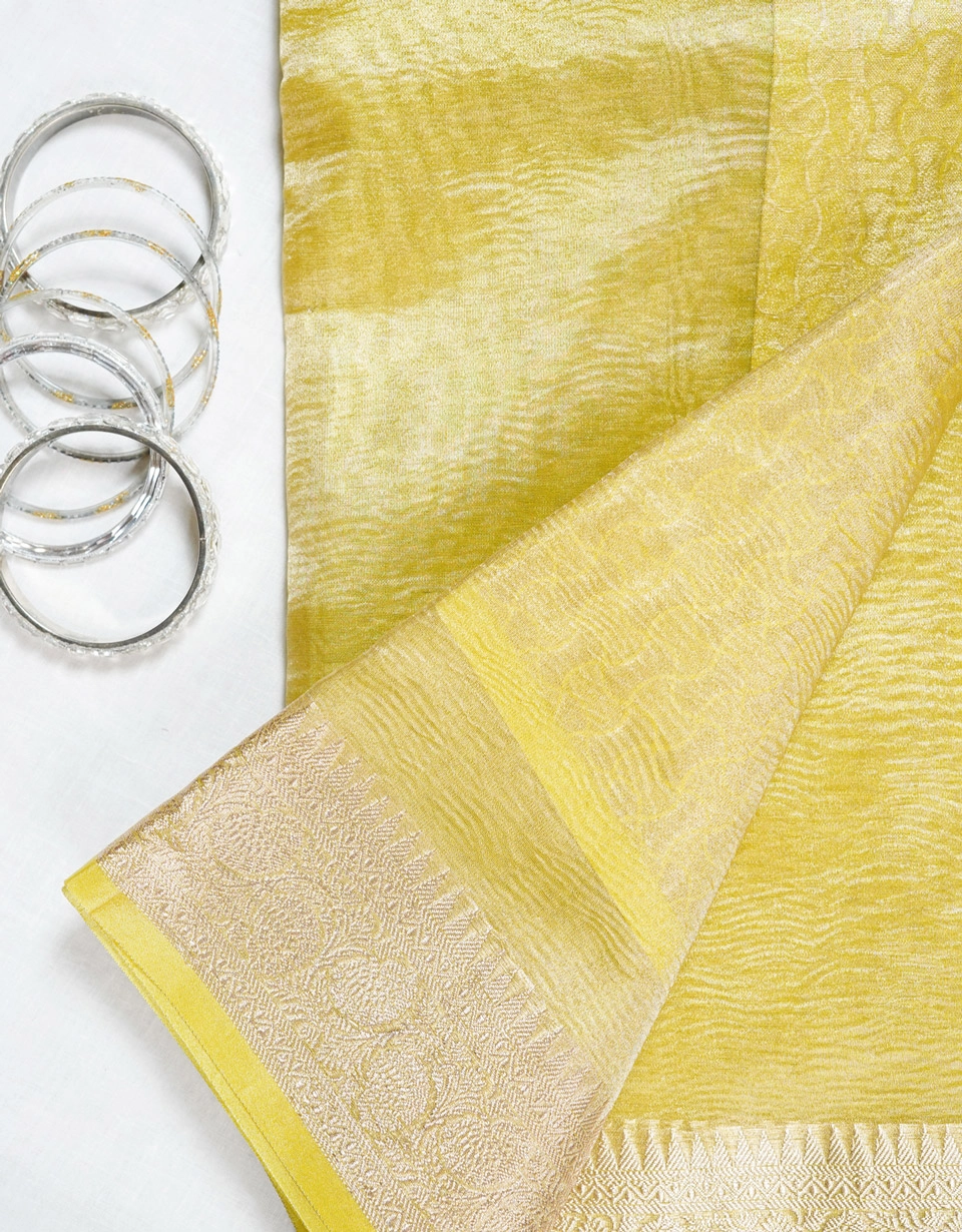 Mustard Yellow Gold Zari Banarasi Crust Tissue Saree - View 3
