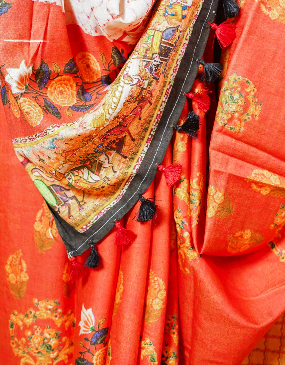 Orange Terracotta Linen Digital Print Saree With Procession And Floral Motifs - View 5