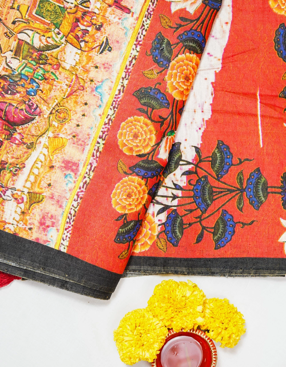 Orange Terracotta Linen Digital Print Saree With Procession And Floral Motifs - View 3