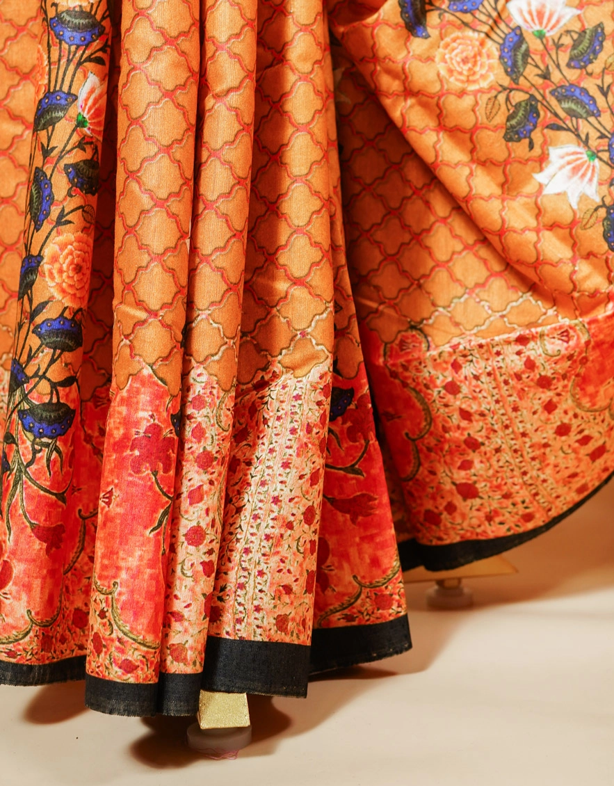Orange Terracotta Linen Digital Print Saree With Procession And Floral Motifs - View 6