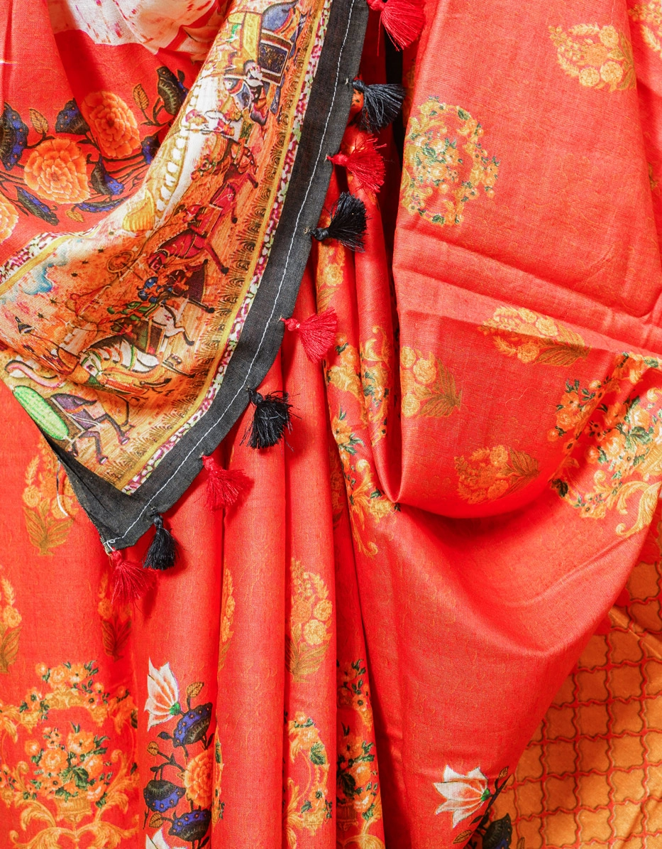 Orange Terracotta Linen Digital Print Saree With Procession And Floral Motifs - View 4