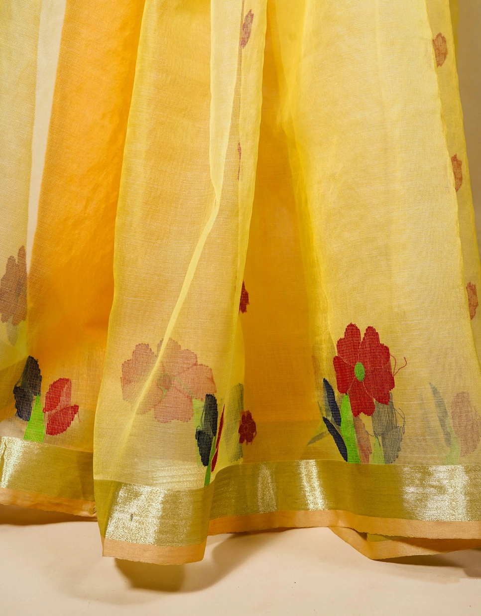 Yellow Cotton Organza Bengal Saree With Floral Weaving Border - View 5