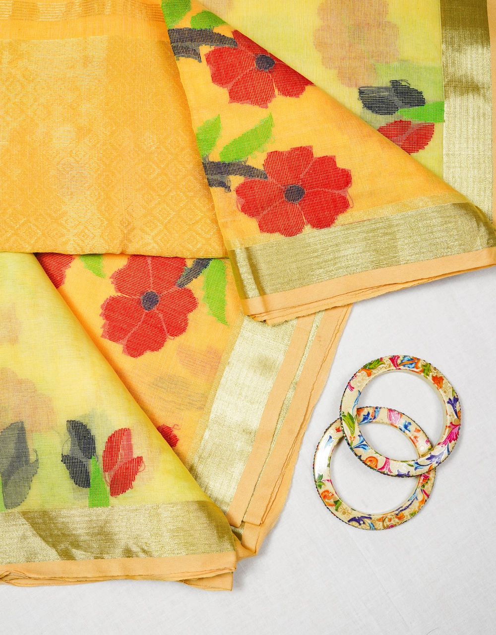 Yellow Cotton Organza Bengal Saree With Floral Weaving Border - View 3