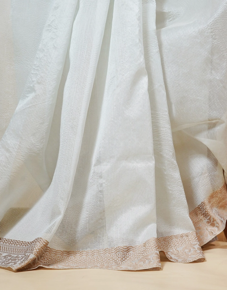 White Pearl Bhagalpur Cotton Semi Silk Saree With Golden Beige Border - View 5