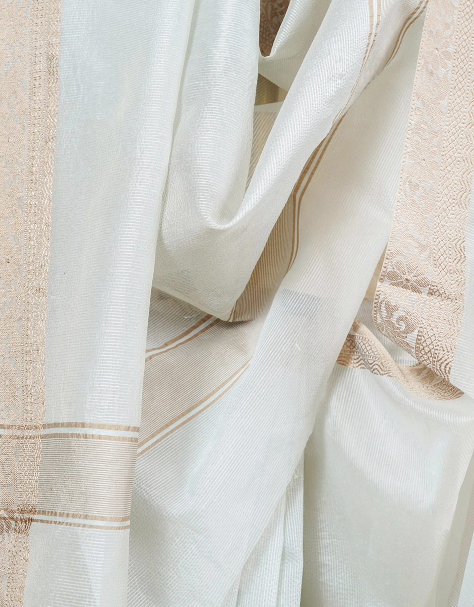 White Pearl Bhagalpur Cotton Semi Silk Saree With Golden Beige Border - View 4