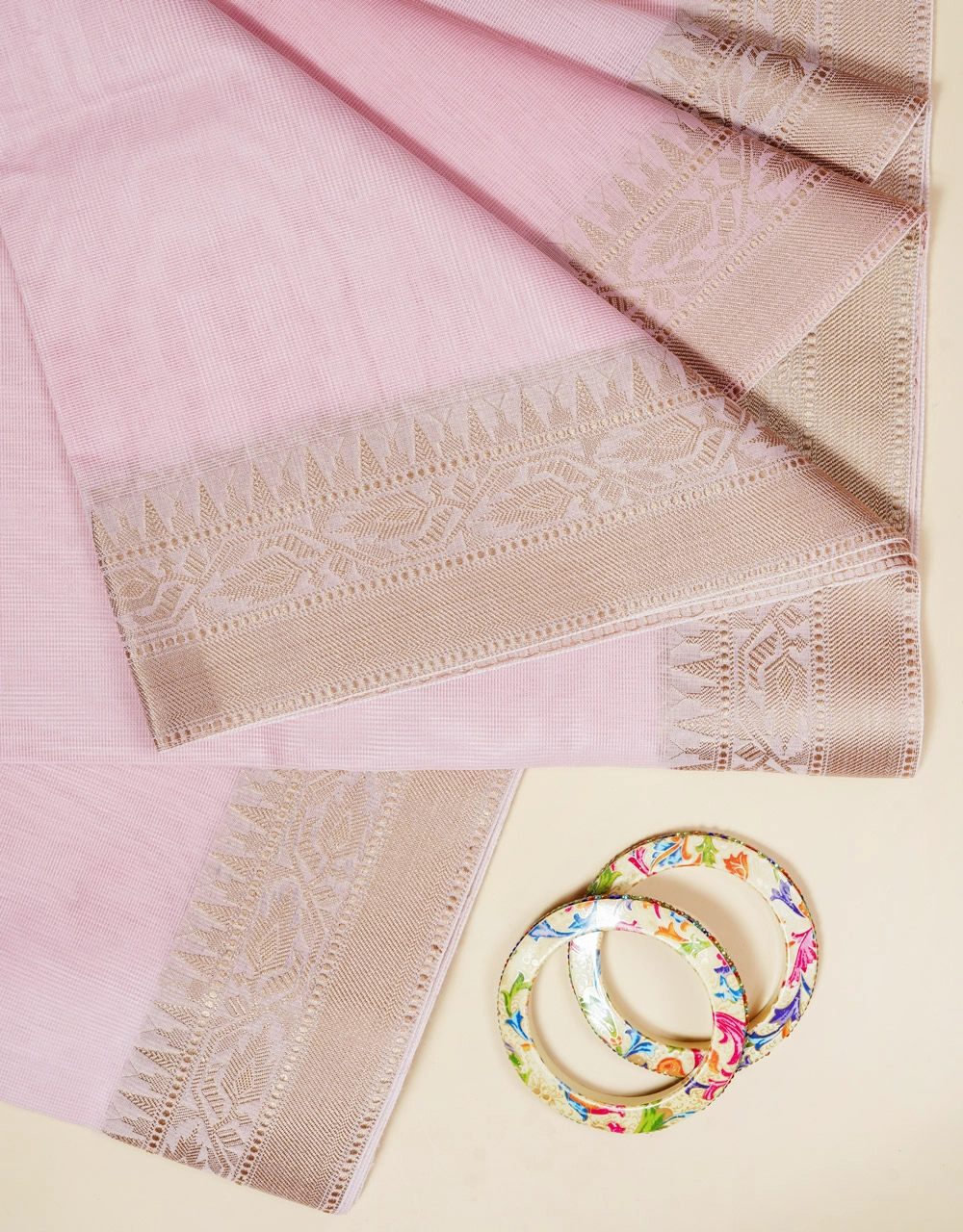 Pink Bhagalpur Cotton Semi Silk Saree With Golden Beige Border - View 3