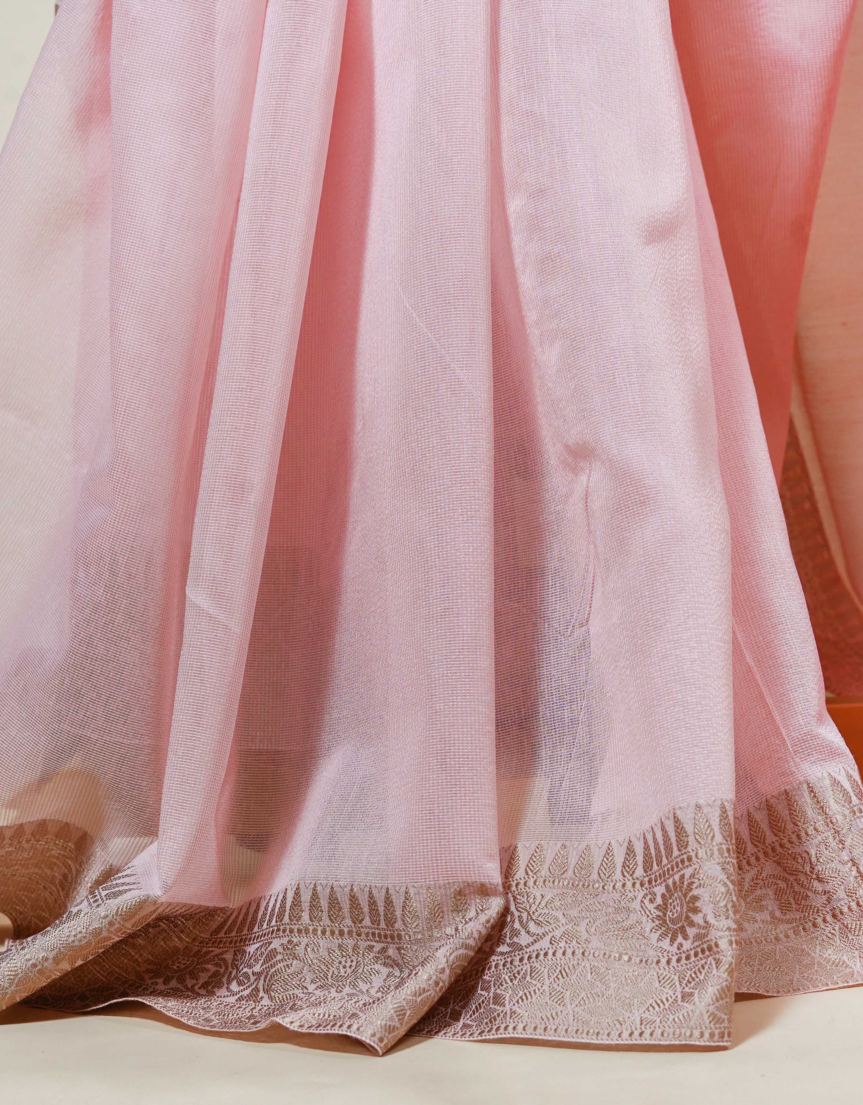 Pink Bhagalpur Cotton Semi Silk Saree With Golden Beige Border - View 5