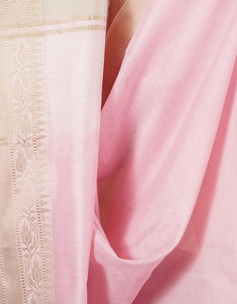 Pink Bhagalpur Cotton Semi Silk Saree With Golden Beige Border - View 4